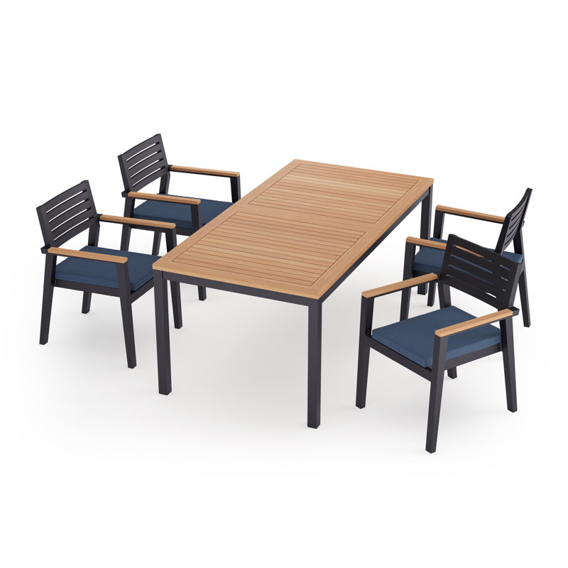 Outdoor Furniture Rhodes 5 Piece Dining Set with 72 in. Table, Charcoal Aluminum, Spectrum Indigo Sunbrella® Plainweave