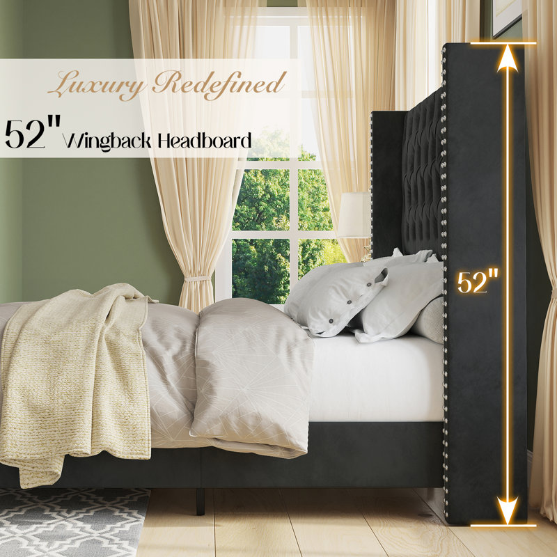Black Velvet Queen Bed Frame with Tufted Upholstered Headboard
