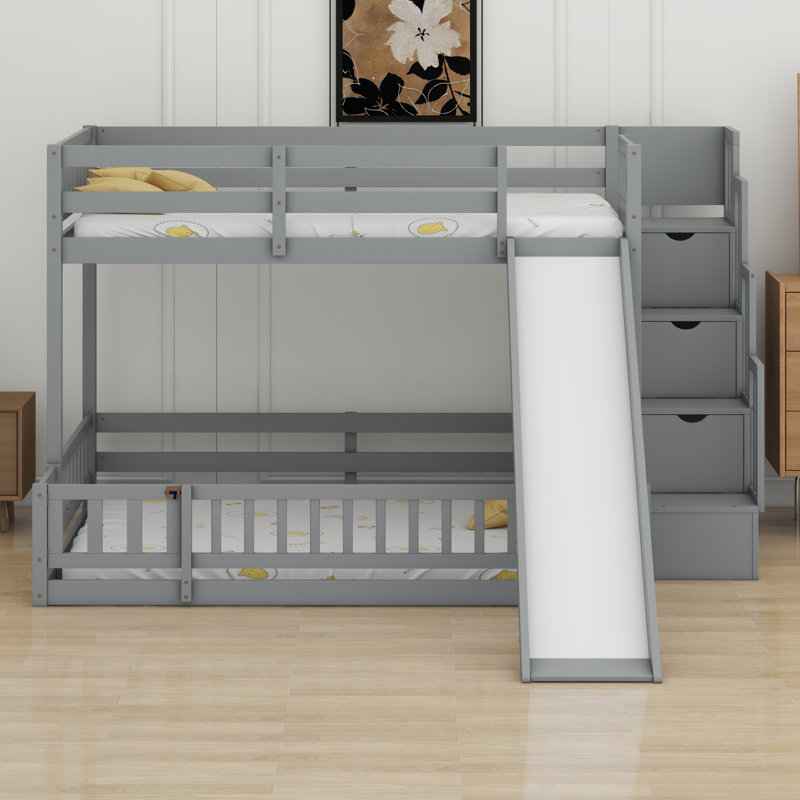 Lit superposé en bois avec glissade, escalier de rangement, barrières de sécurité, Gris
