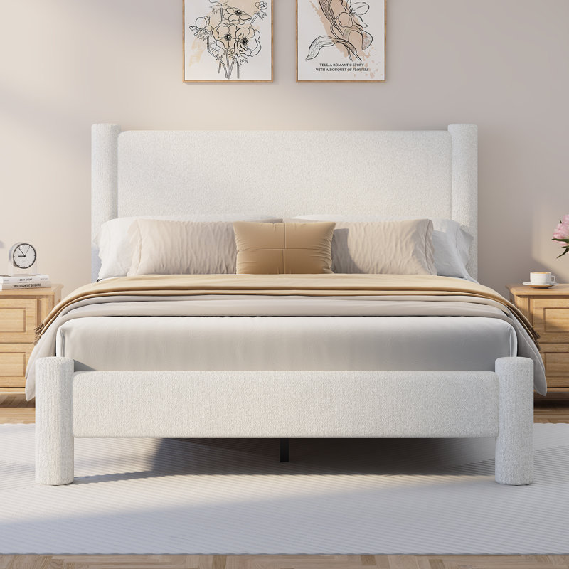 Lit plateforme tapissier Boucle, Blanc, Lit double