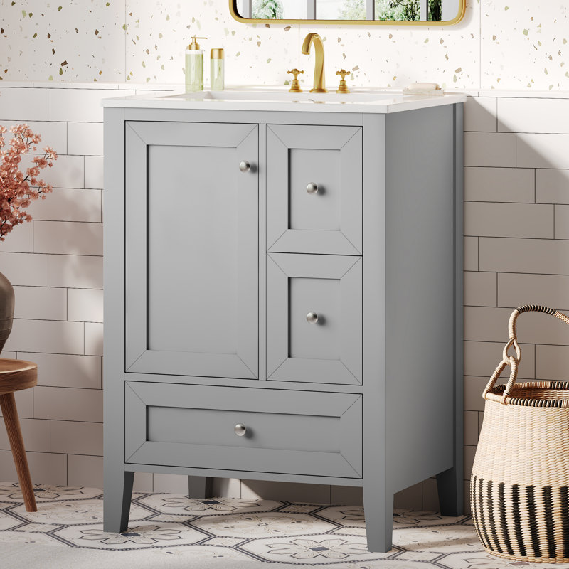  Meuble-lavabo autoportant avec rangement à 3 tiroirs 24 po avec lavabo 24 po avec lavabo, gris, Grey
