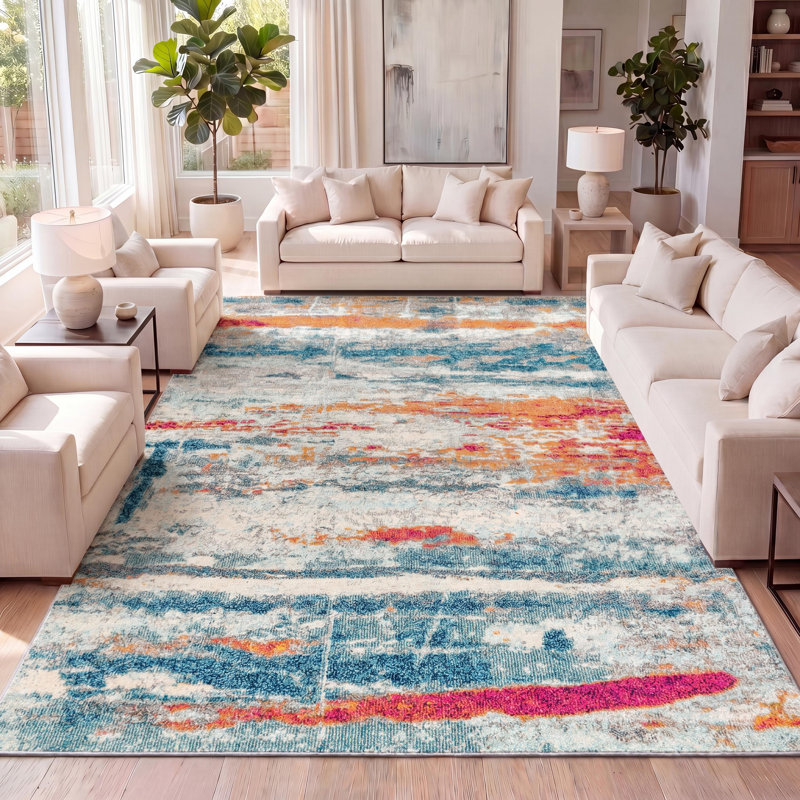 Tapis crème / bleu Lasley, Rectangulaire 3 pi x 5 pi