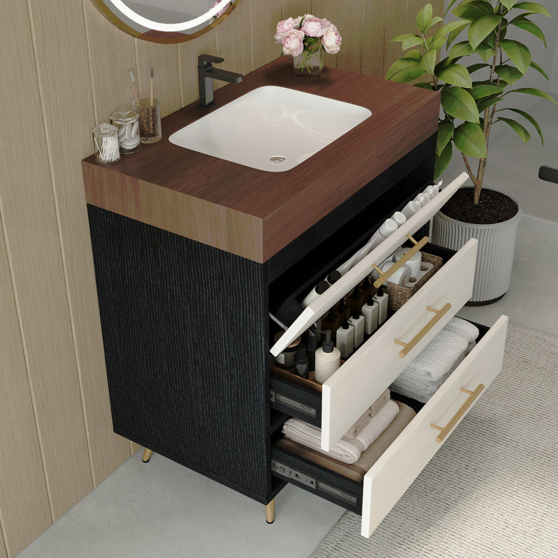 Meuble-lavabo autoportant moderne avec lavabo vasque en céramique et plateau en pierre frittée durable, Black/Gold/White