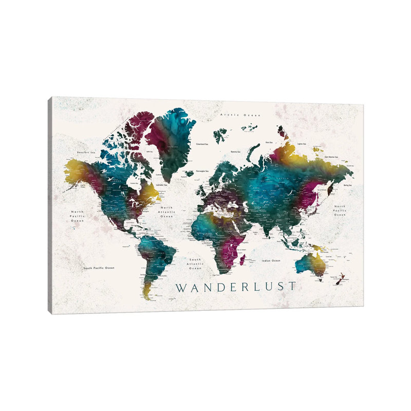 Wanderlust Charleena Detailed Watercolor World Map With Cities by Blursbyai - Gallery-Wrapped Canvas Giclée on Canvas, Canvas