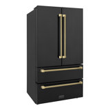 ZLINE Autograph 36 in. Counter-Depth Refrigerator in Black Stainless Steel and Bronze Helix Handles