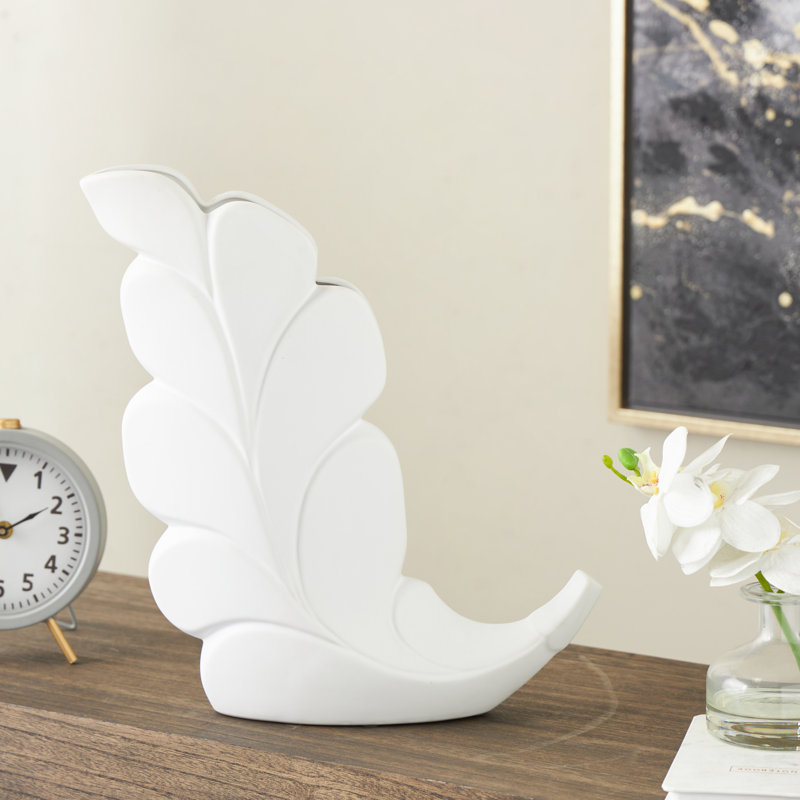 Cole And Grey Ceramic Slanted Leaf Vase, 15.05" H x 14.05" W x 3.9" D, White