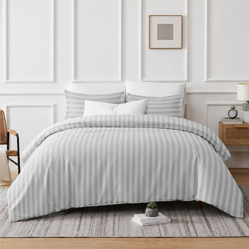 Striped Microfiber Complete Bedding Set | Duvet Cover, Deep Fitted Sheet & Matching Pillowcases, Silver Striped