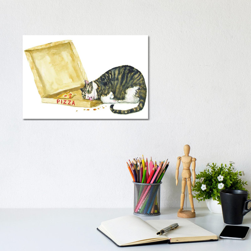 Fat Tabby Cat And Pizza by Alexey Dmitrievich Shmyrov - Wrapped Canvas Print, 20.32 cm H x 30.48 cm W