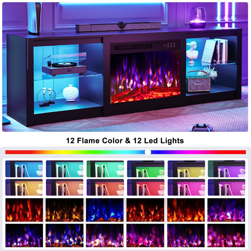 Meuble télé 70 po avec lumières DEL et tablettes réglables en verre, noir, Noir