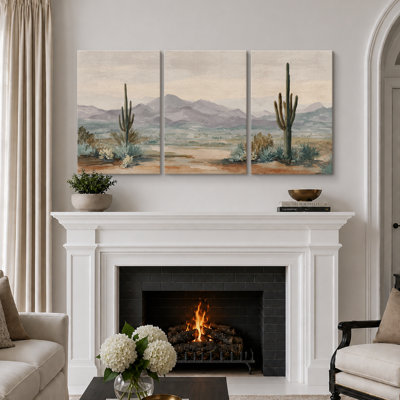 Soft Southwest Cactus Desert View Artwork, Entryway Pictures, Framed Canvas Giclee Print 3 Pieces Wall Art