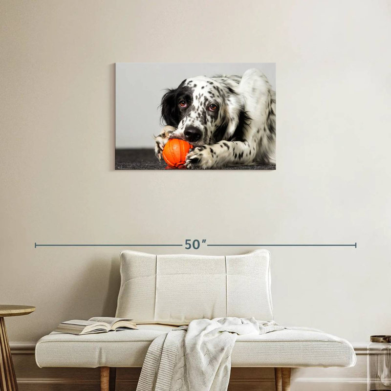 Chien avec jouet orange, H 20 po x l 30 po