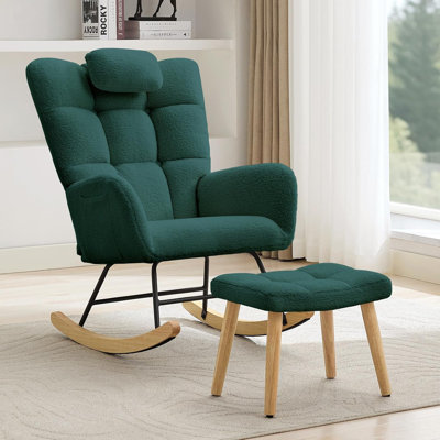 Emerald Green Teddy Sherpa Rocking Chair & Foot Stool Set, Oversized High Back Cushioned Glider Rocker Armchair, Comfy Nursing Rocker for Nursery, Reading & Relaxation