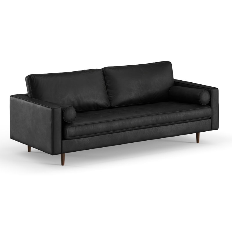 Canapé à accoudoirs carrés en cuir véritable 84 po Geo, Cuir véritable noir rétro
