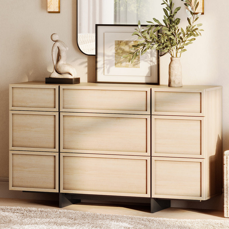 Maisonet Modern 9-Drawers Dresser For Bedroom, Wooden Chest Of Drawers With T-Shaped Wood Legs, Storage Cabinet And Closet Organizer For Bedroom, Hallway, Living Room