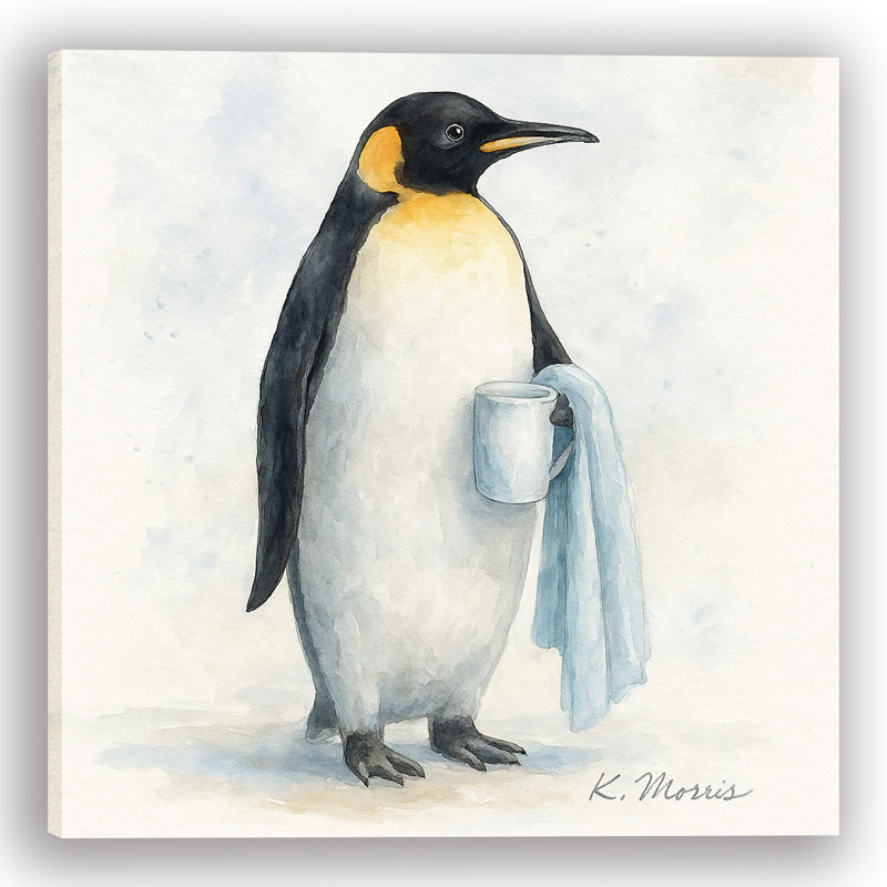 «Penguin Morning», art sur toile pour salle de bain café et serviette, H 20 po x l 20 po