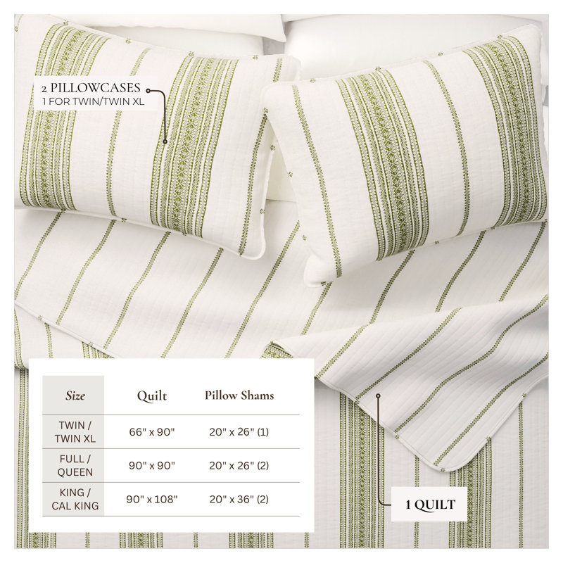 Twin/Twin XL White and Green Striped Cotton Quilt Bedding Set