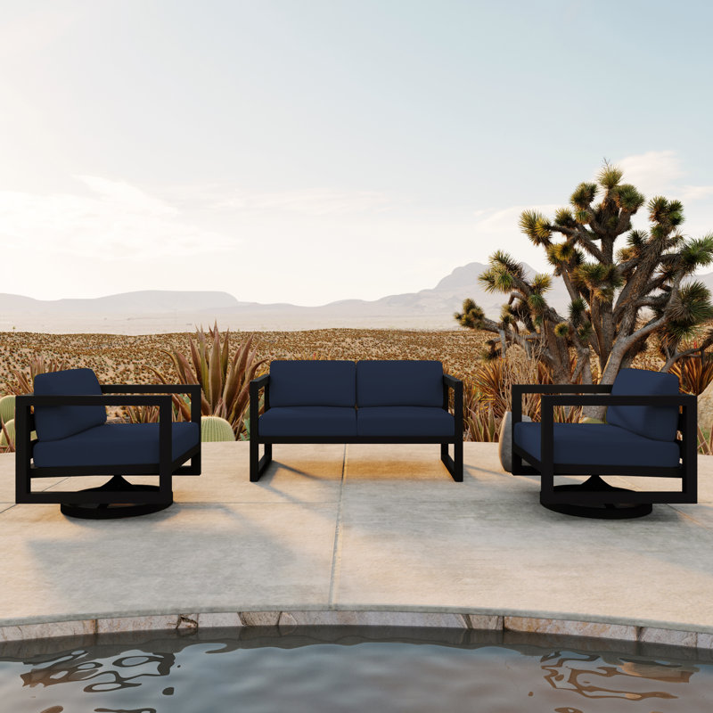 Avion 3 Piece Loveseat Set With Swivel, Spectrum Indigo Sunbrella®, Slate