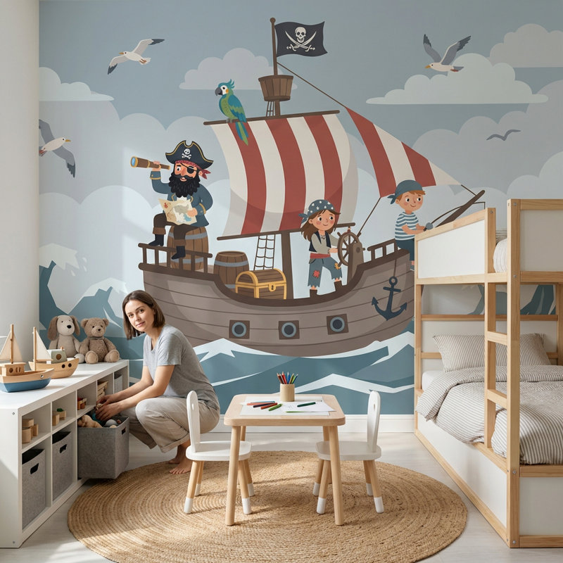 Adhésif mural bateau pirate, aventure océanique, 120 po x 96 po, Texturé non collé
