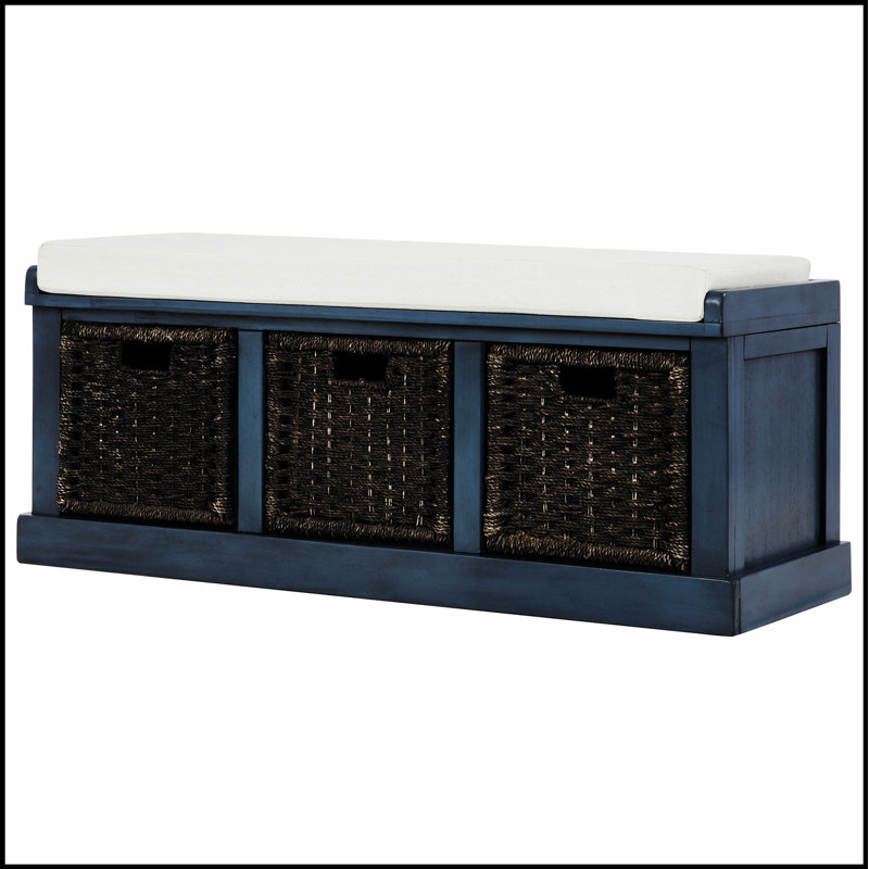 Banc de rangement avec panier en rotin classique amovible, banc d'entrée avec coussin amovible, Bleu marine antique et blanc