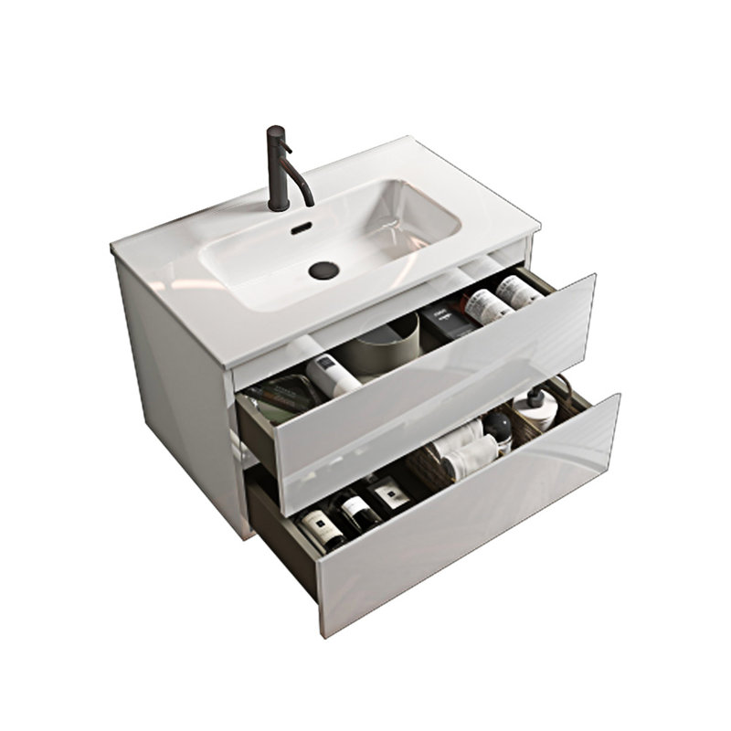 Meuble-lavabo mural brillant avec lavabo en céramique et trou unique, 30", Blanc lustré