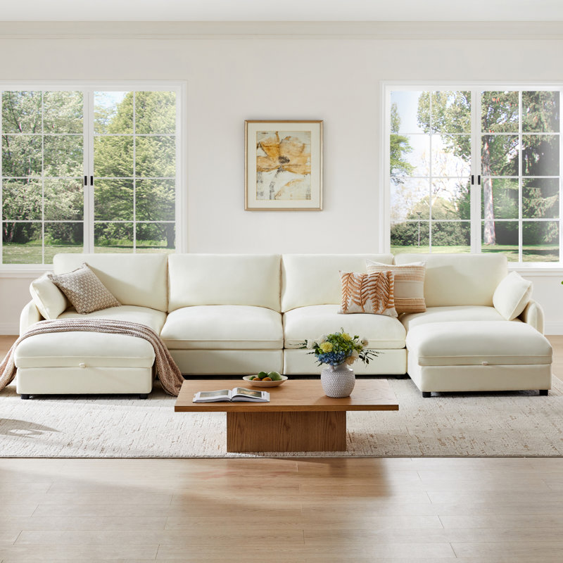 146" W 6 - Piece Modern Soft Upholstered Modular Sectional Sofa With 2 Ottomans, Linen Polyester