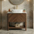 Meuble-lavabo moderne en noyer de 30 po avec portes texturées Linea, plateau en pierre frittée, vasque en céramique et tablette de rangement ouverte Linea