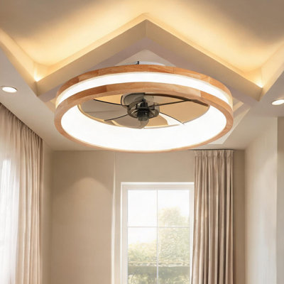 Low-profile modern caged ceiling fan with LED kit, remote-operated 6-speed DC motor, natural wood and crisp white finish