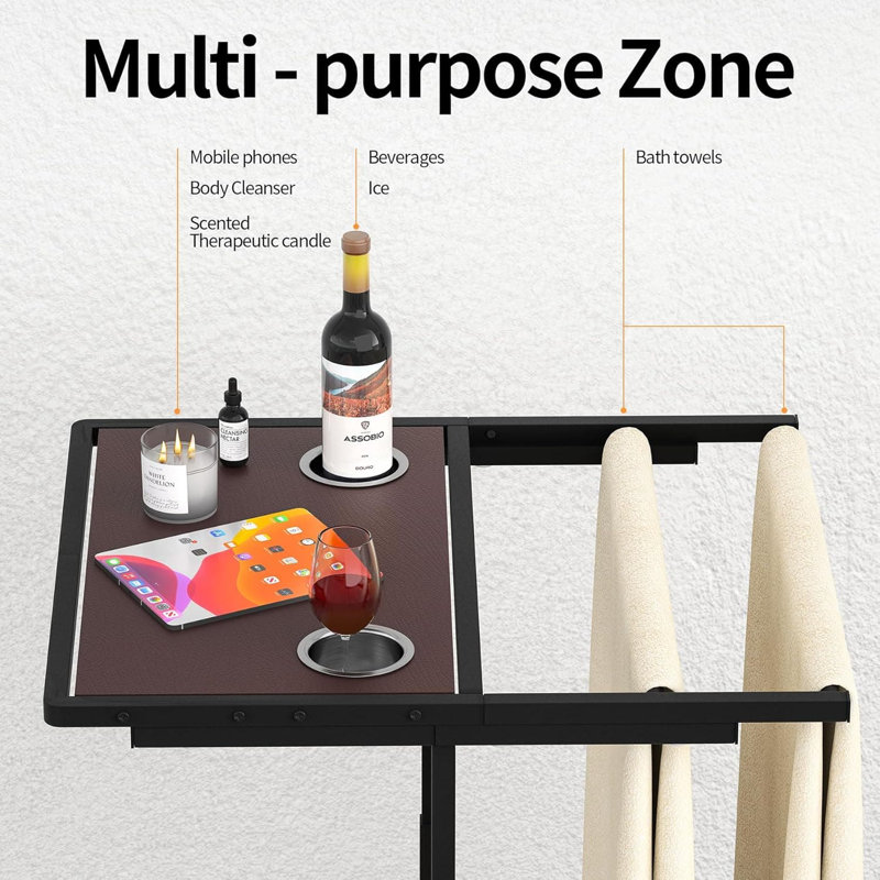 Porte-serviettes de piscine à hauteur réglable et plateau de table avec porte-gobelets, base en métal imperméable et résistante au soleil pour accessoires de piscine hors-terre et de spa