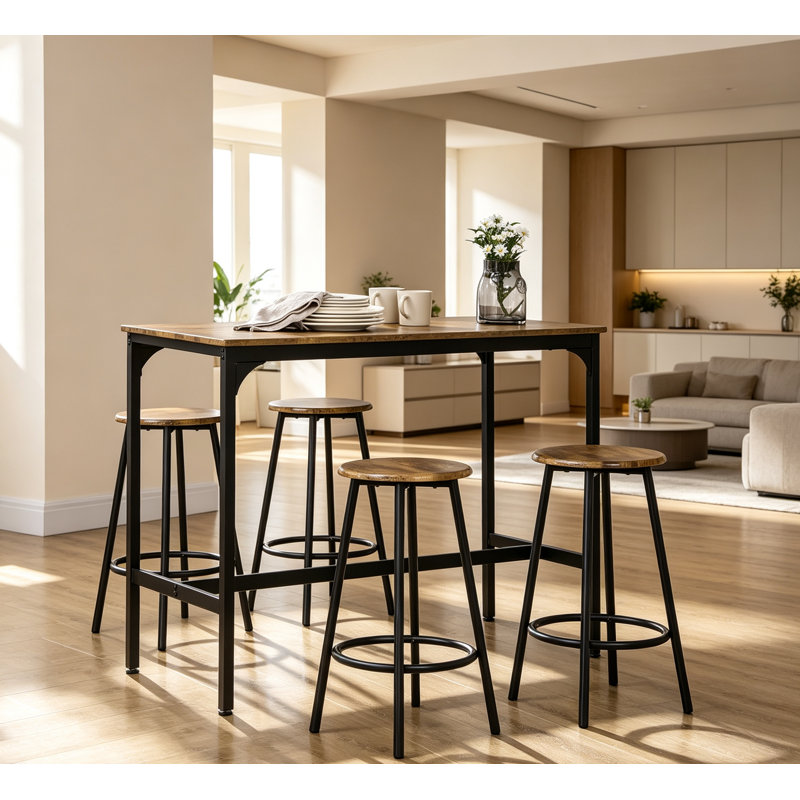 Ensemble de table de bar 5 pièces, hauteur de comptoir, plateau en bois brun rustique, structure en métal noir, 4 tabourets de bar. Ensemble de repas/pub gain d'espace idéal pour une petite cuisine, un appartement ou un coin repas.