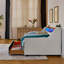Lit simple tapissier avec lumières à DEL, chargement sans fil, 2 tiroirs de rangement, tête de lit en lin beige avec 3 rangements, réglable