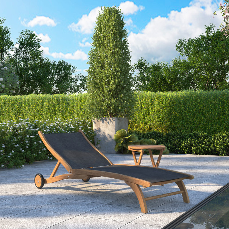 Perrin Teak Outdoor Reclining Chaise Lounger with Rear Wheels, Black