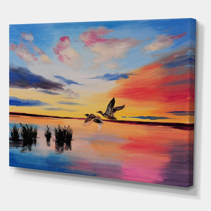 Grues volant pendant un coucher de soleil coloré - peinture sur toile, H 12 po x l 20 po x p 1 po, Toile tendue