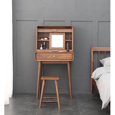 Table de coiffeuse en noyer massif avec porte tambour et miroir intérieur pour la chambre à coucher