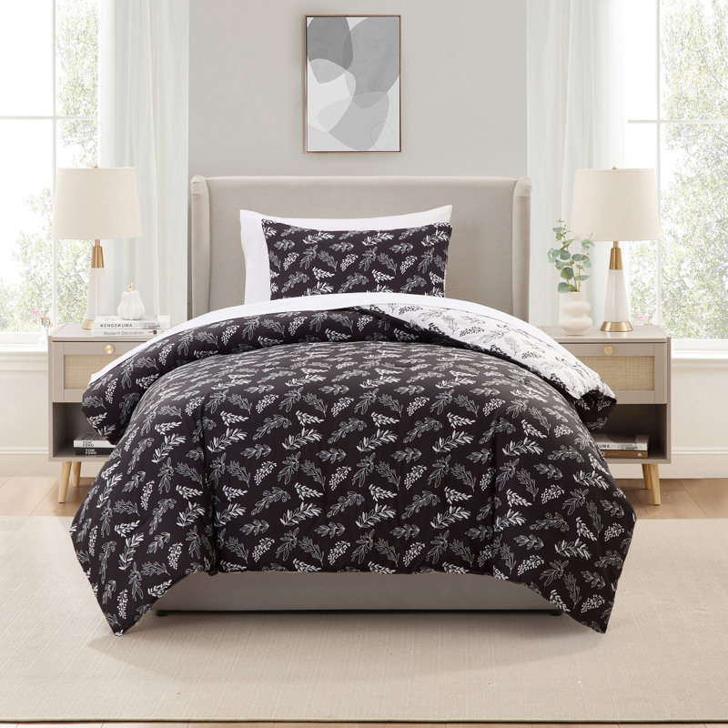 Nestl Botanical Bed in a Bag 5 piece Comforter Set with Sheets & Pillow Shams, Jet Black/Optical White