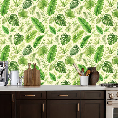 Peel and Stick Wallpaper Tropical Green Palm Leaves Banana Plants Cream Contact Paper Removable Self Adhesive Wall Mural Wall Decor for Bedroom Kitchen Cabinets 24in x 118in