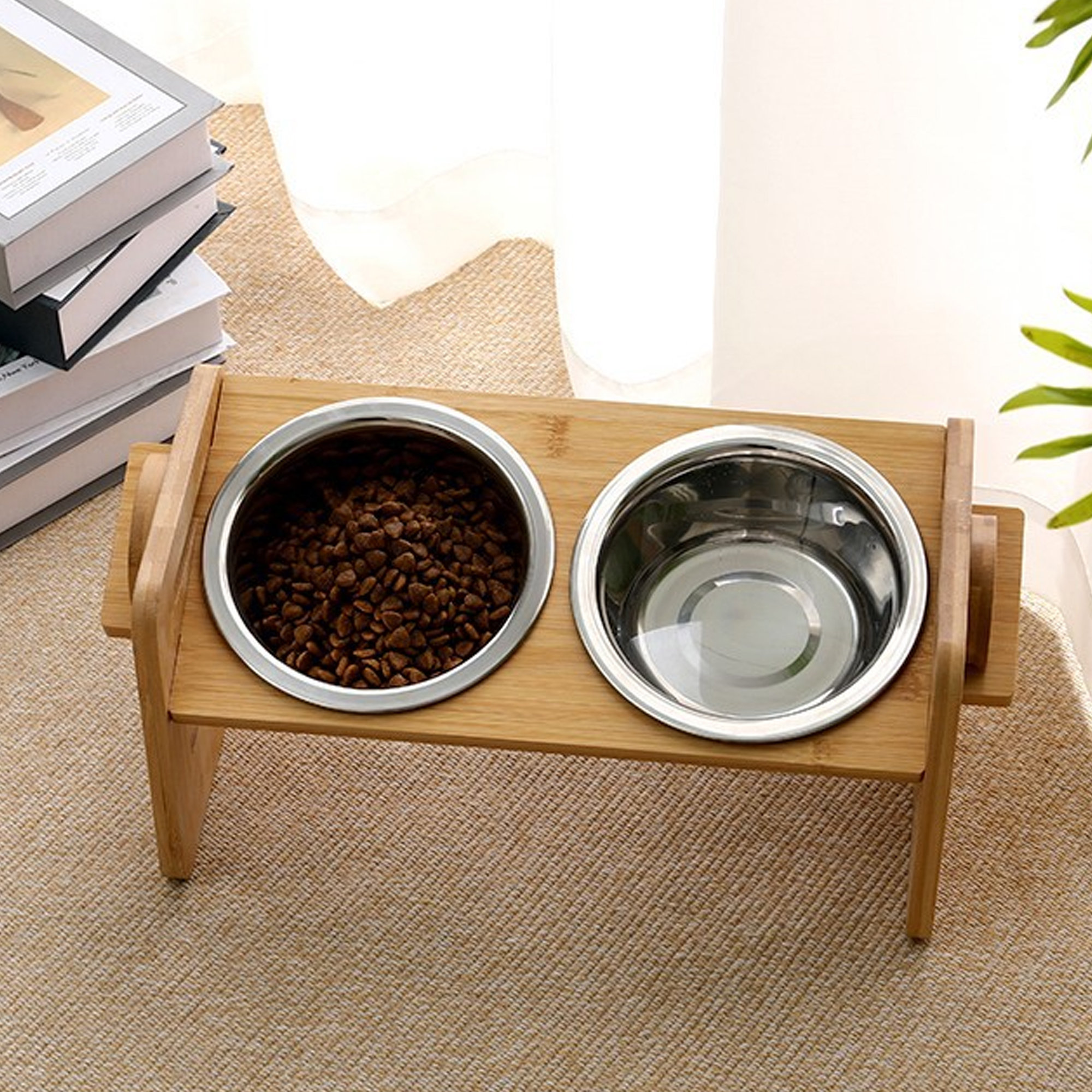 Raised Dog Bowls Stand for Small to Medium Dogs, Bamboo Elevated Dog Food  and Water Bowls Feeder Holder 5 tall with mat Bamboo