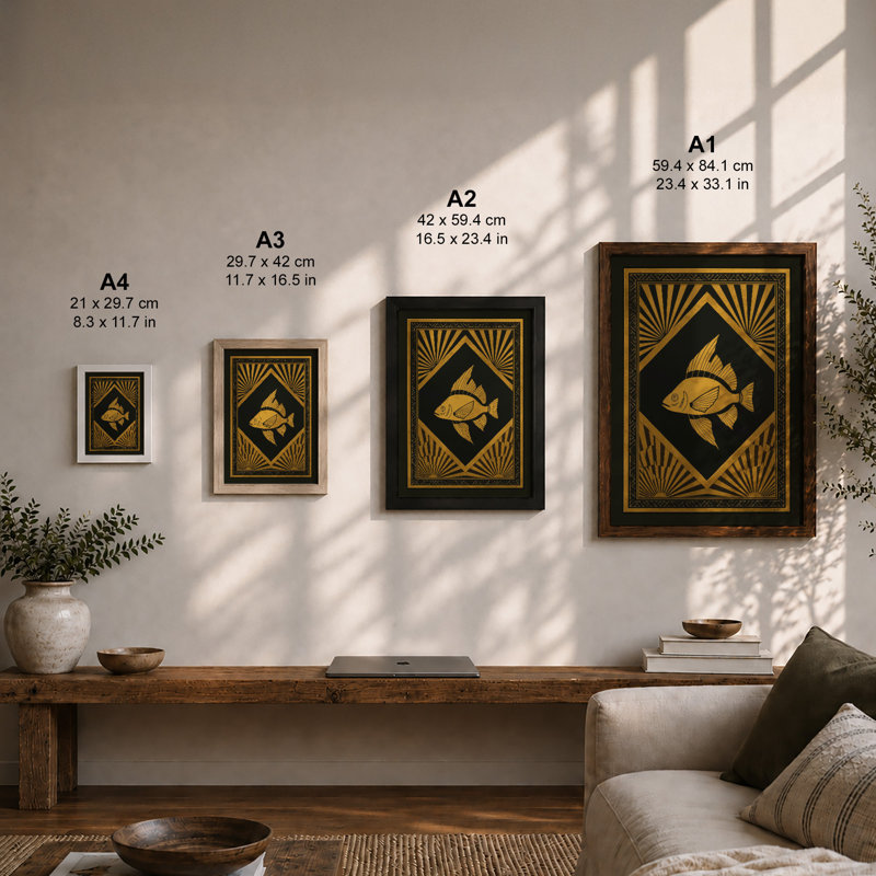 Golden Fish, Art Deco - Framed Print, A2 - 59.4 x 42.0 cm, Oak
