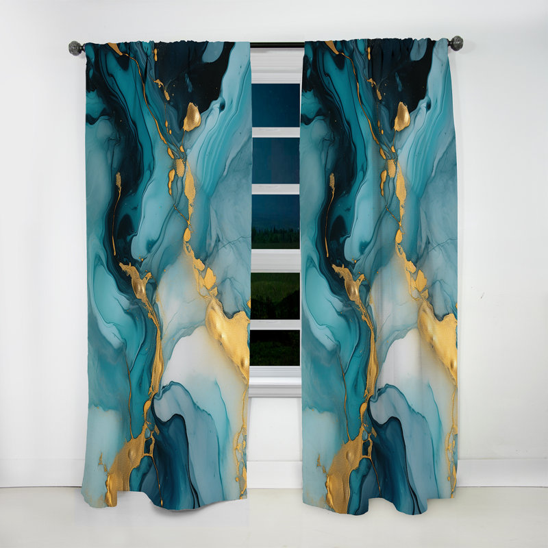 Turquoise Gold Infused Marble II - Fractals Blackout Abstract Curtain - 1 Panel, 52" W x 90" L