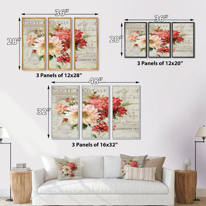 «Red Painted Flowers On Vintage Post card III», peinture sur toile 3 pièces, H 20 po x l 36 po, Noir