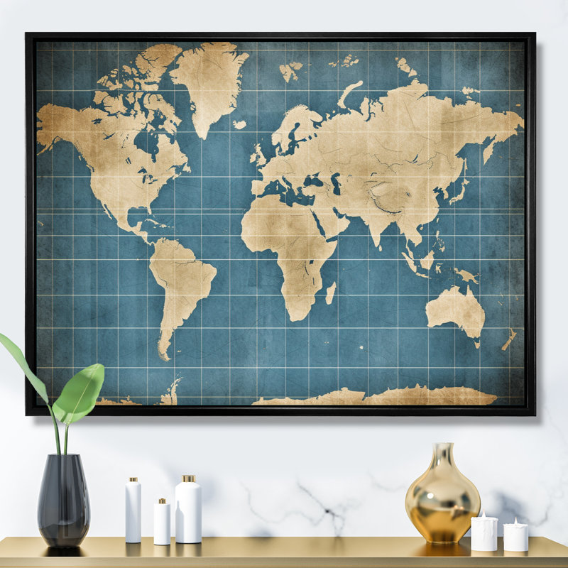 Ancienne carte du monde V, reproduction d'art sur toile, H 16 po x l 32 po, Cadre flottant noir