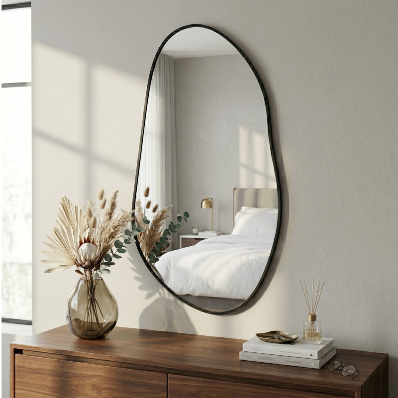 Modern Asymmetrical Framed Wall Vanity Mirror Metal Irregular Mirror, 38" x 20", Matte Black