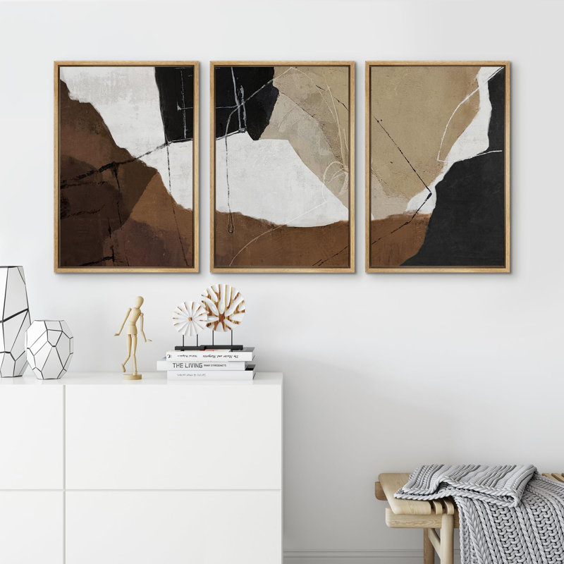"Brun clair, blocs, style Mid-Century abstrait, formes, art, décor, salon chic", 3 pièces, H 36 po x l 24 po, Naturel