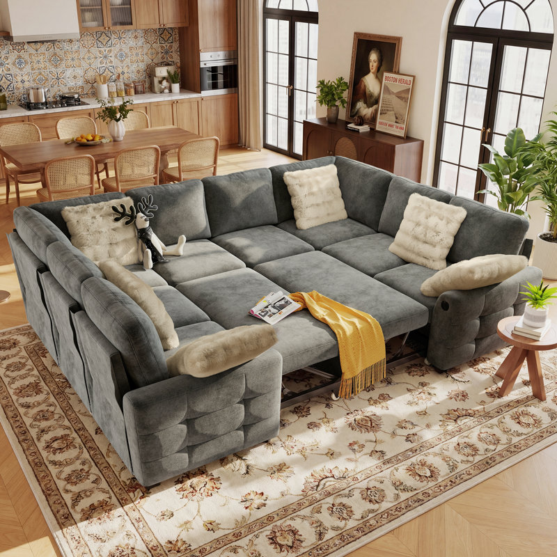 Canapé-lit modulaire en U en chenille de 110 po avec lit escamotable et siège de rangement Macleod, GREY