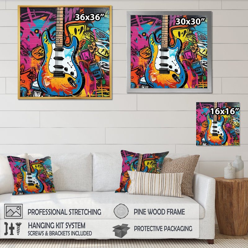 Graffity Guitars Street - Imprimé, Encadrement doré, H 24 po x l 24 po x P 1 po