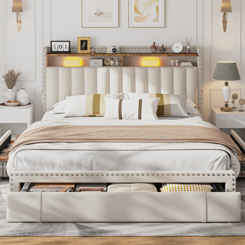 Lit avec rangement à 3 tiroirs et tête de lit à 2 niveaux Jahlia , Beige, Grand lit