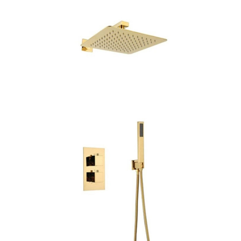 Système de douche thermostatique 12 po à tête de pluie carrée et polie dorée avec valve brute