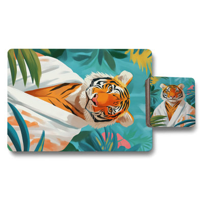Tiger Print Placemat And Coaster Set From Designer Jungle Collection With Wood Backing Limited Edition