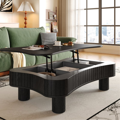 Table basse relevable de 42 pouces avec fonction hydraulique silencieuse, 3 espaces de rangement cachés, bords courbés, installation d'outils en 5 minutes, table de salon noire, panneaux latéraux cannelés, compartiments, lisse