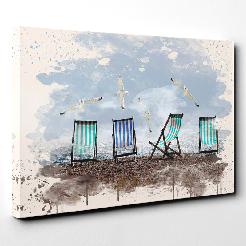 Seascape Deckchairs Brighton Beach Seagulls Painting on Canvas - Wrapped Canvas, 50cm H x 76cm W
