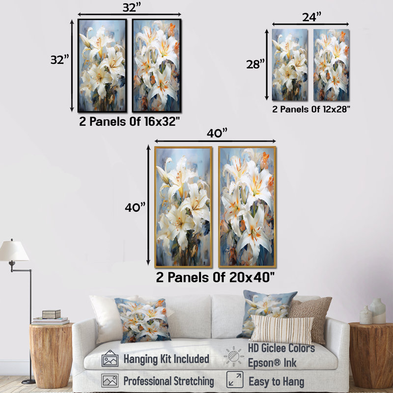 Ensemble de 2 impressions murales sur toile lys beige et jaune, H 40 po x l 41 po, Toile tendue